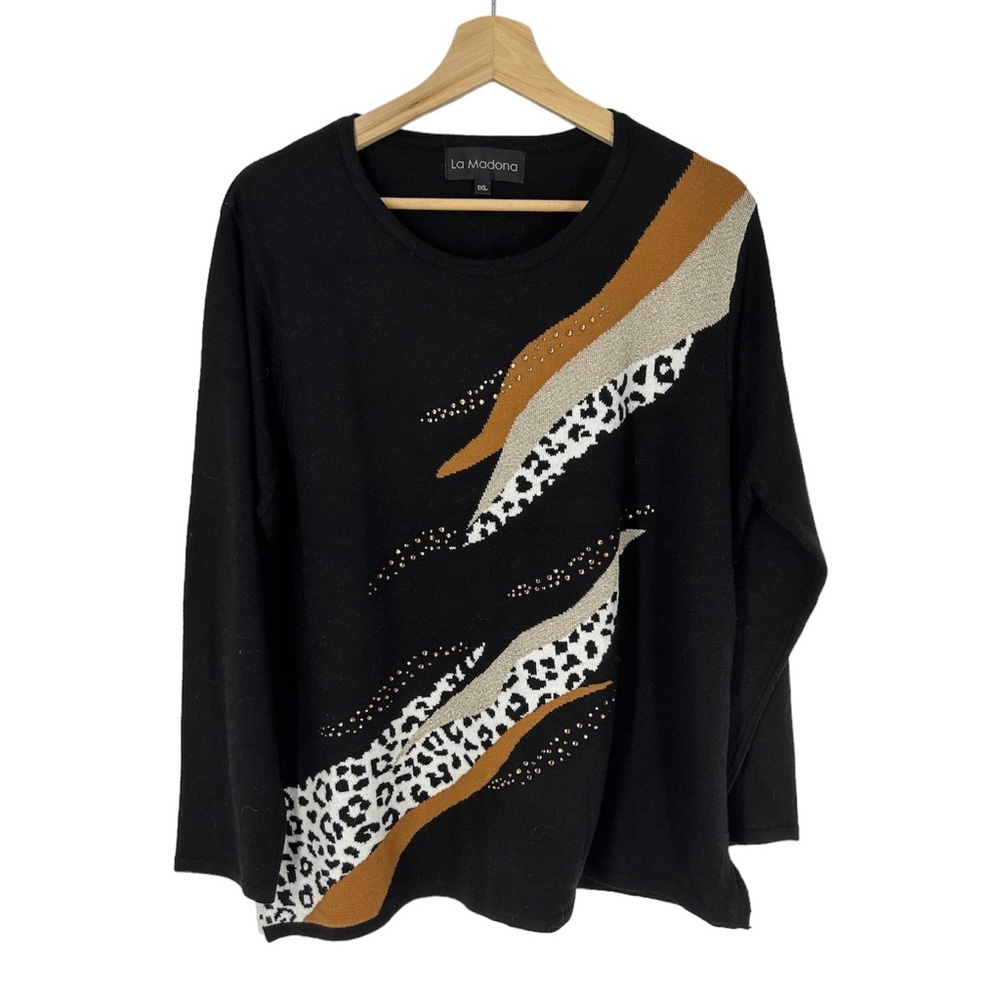 La Madona Black Cheetah Animal Print Striped Sweater